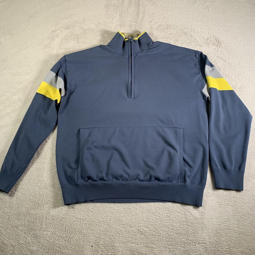 Vince Sweatshirt Mens L Blue 1/4 Zip Pullover Striped Sleeve Slim Fit Kangaroo